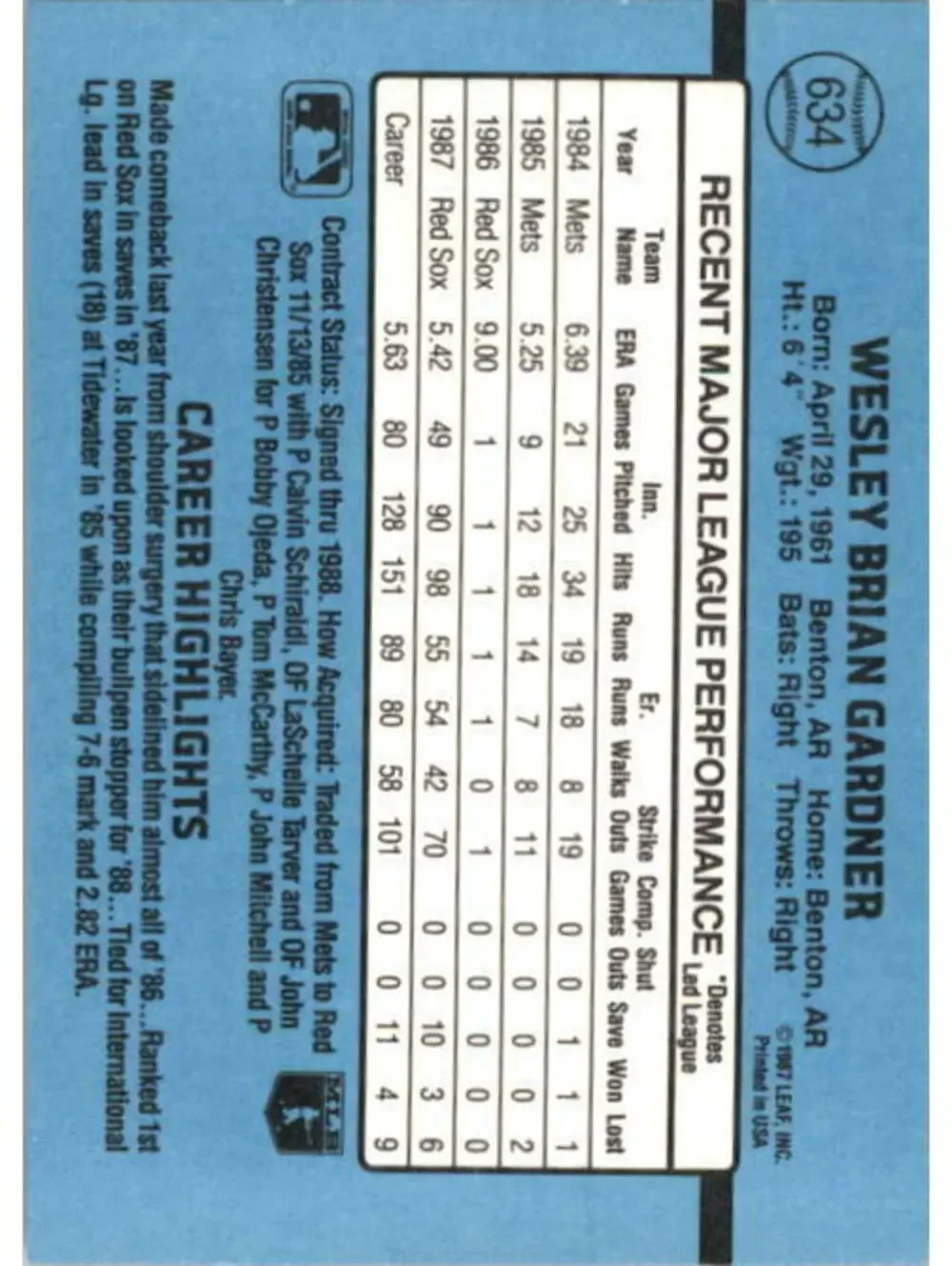 1988 Wes Gardner Donruss Baseball Card #634